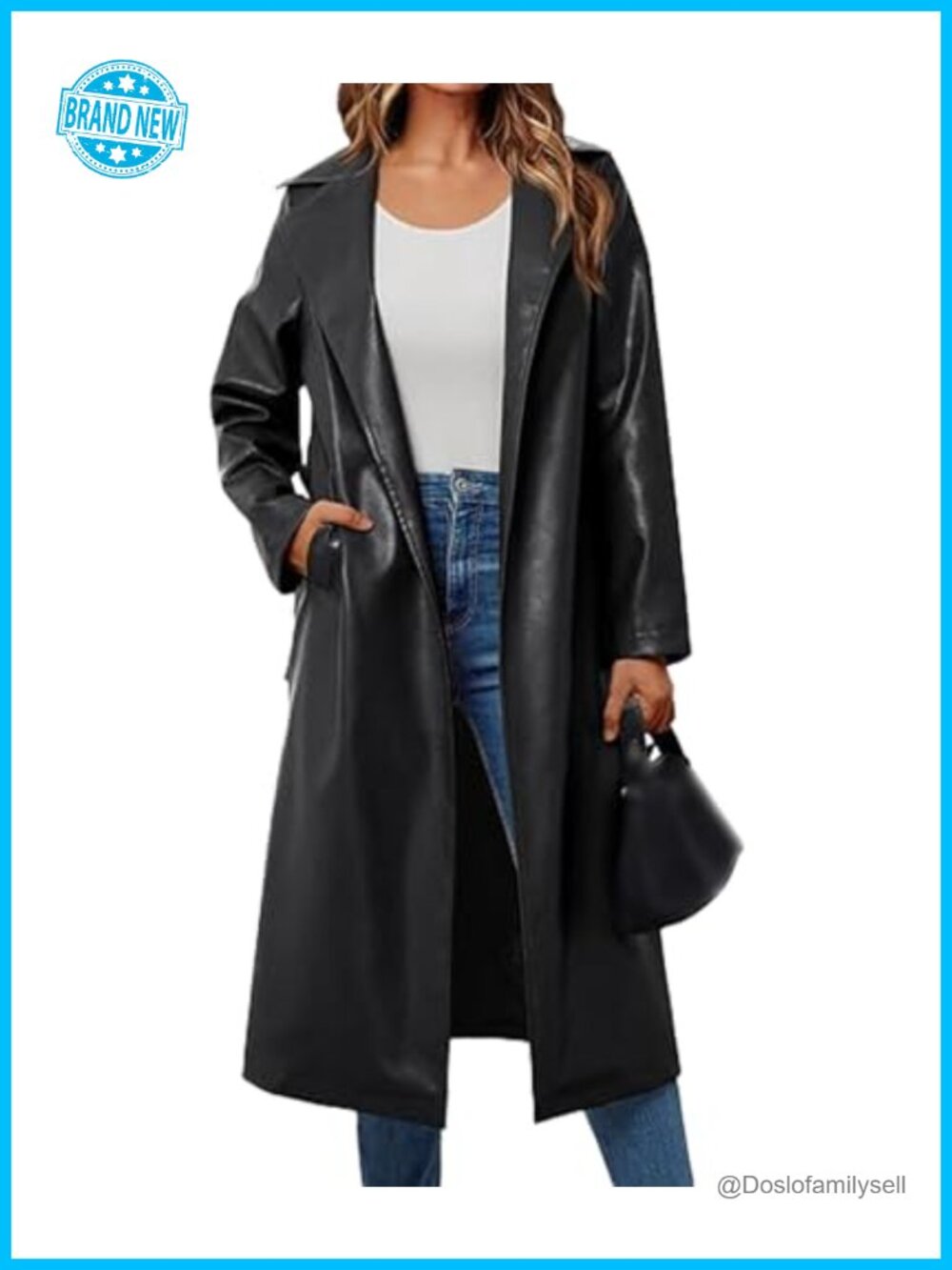 Faux Leather Trench Coat Long Sleeve Belted Open Front Motorcycle Jacket
